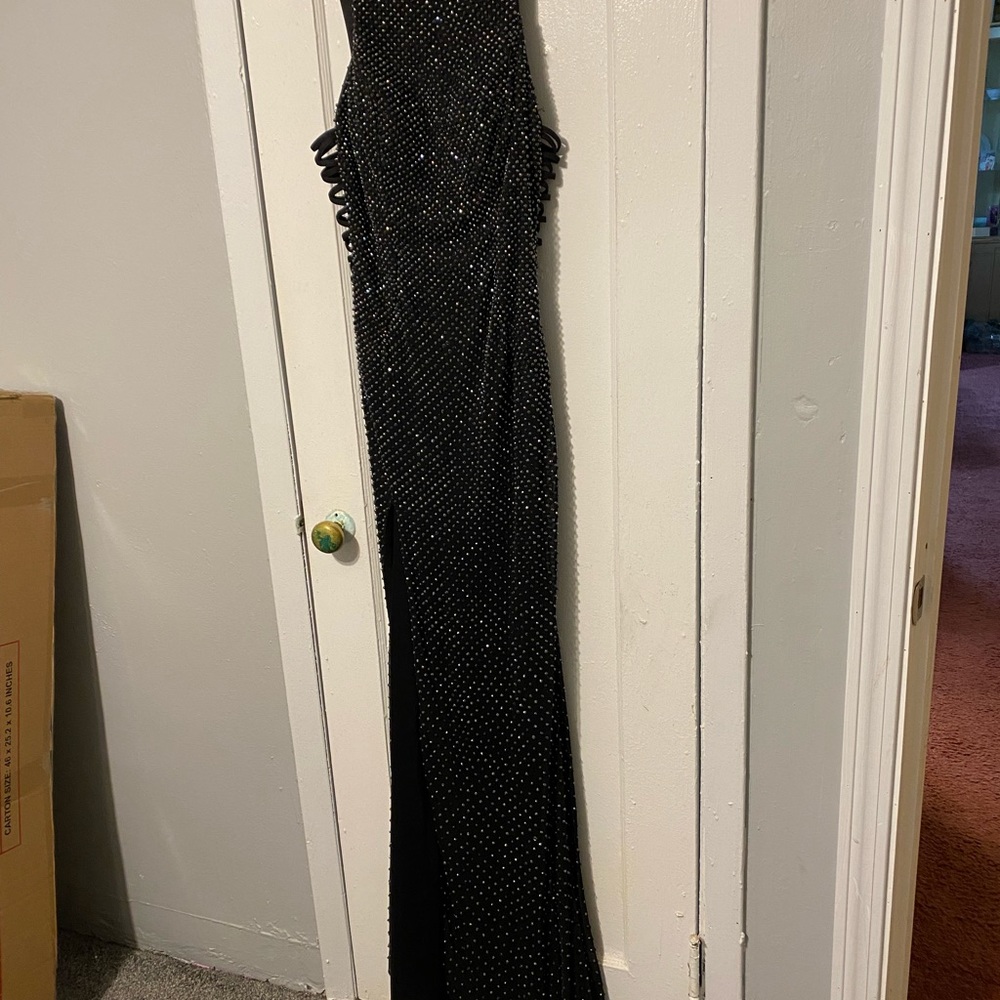 Prom dress, rhinestone beads, slit side straps, open back